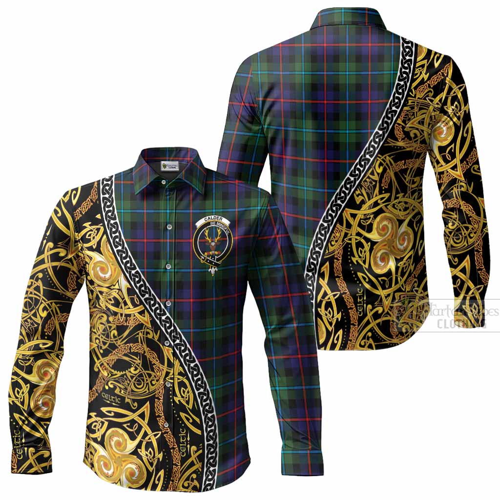 Calder Tartan Crest Long Sleeve Button Shirts Celtic Knot and Triple Trickle Spiral Symbols