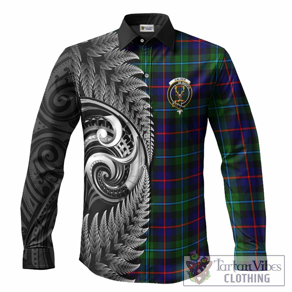 Calder Tartan Crest Long Sleeve Button Shirts With New Zealand Silver Fern Maori Koru