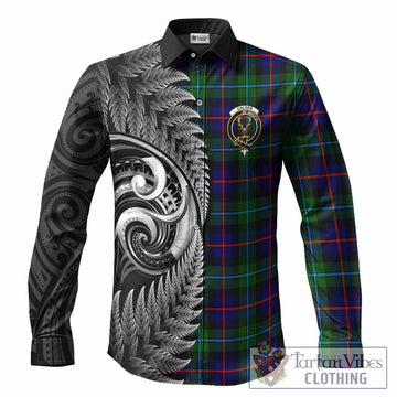 Calder Tartan Crest Long Sleeve Button Shirts With New Zealand Silver Fern Maori Koru