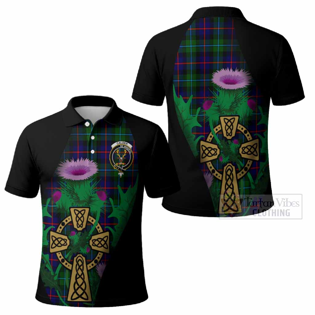 Calder Tartan Crest Polo Shirt Celtic Cross Thistle Flowers