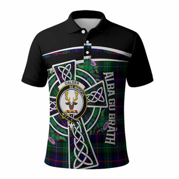 Calder Tartan Crest Polo Shirt Scottish Thistle Celtic Cross Alba Gu Brath