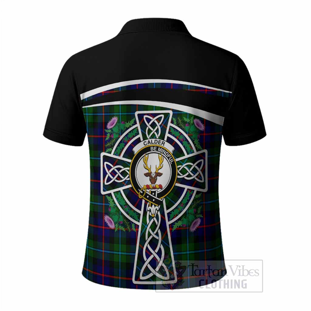 Calder Tartan Crest Polo Shirt Scottish Thistle Celtic Cross Alba Gu Brath