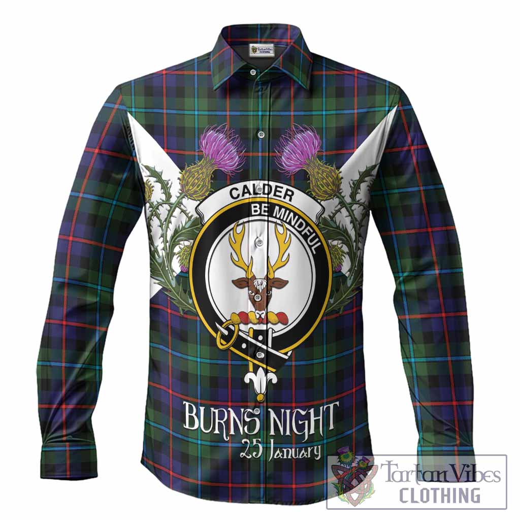 Calder Tartan Family Crest Long Sleeve Button Shirts Scottish Burns Night Thistle Floral