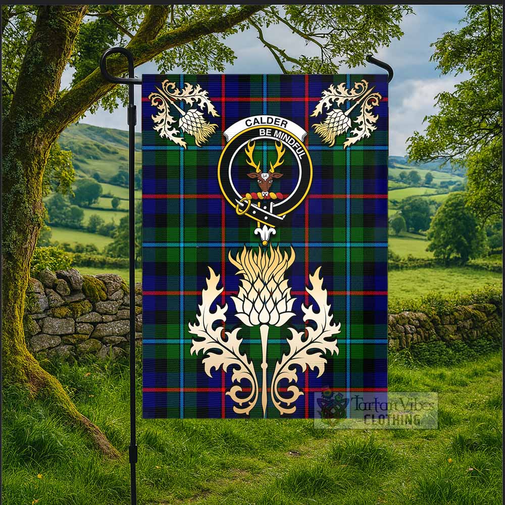 Calder Tartan Garden Flag with Golden Regal Scottish Thistle Emblem - Tartan Vibes Clothing