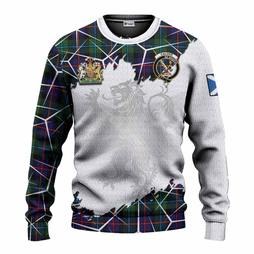 Calder Tartan Knitted Sweater with Family Crest and Lion Rampant Grunge Style