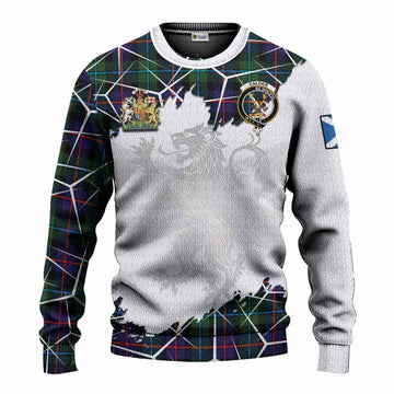Calder Tartan Knitted Sweater with Family Crest and Lion Rampant Grunge Style