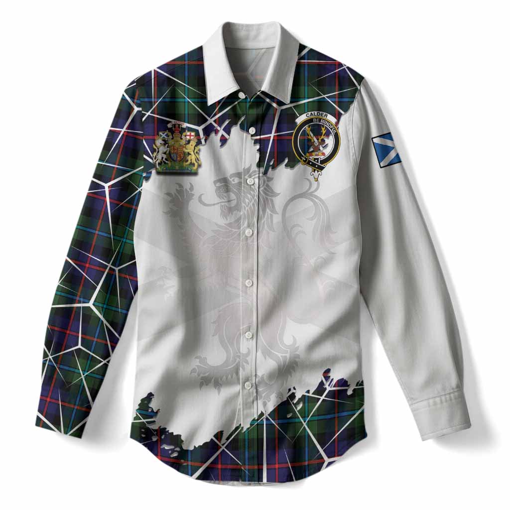 Calder Tartan Women Casual Shirt with Family Crest and Lion Rampant Grunge Style