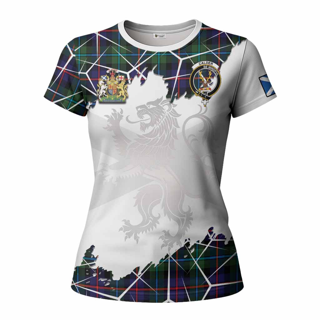 Calder Tartan Women T shirt with Family Crest and Lion Rampant Grunge Style