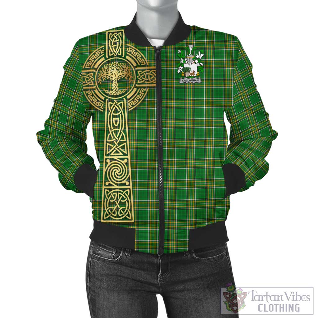 Tartan Vibes Clothing Callaghan Irish Clan Tartan Bomber Jacket with Coat of Arms Celtic Tree of Life Style