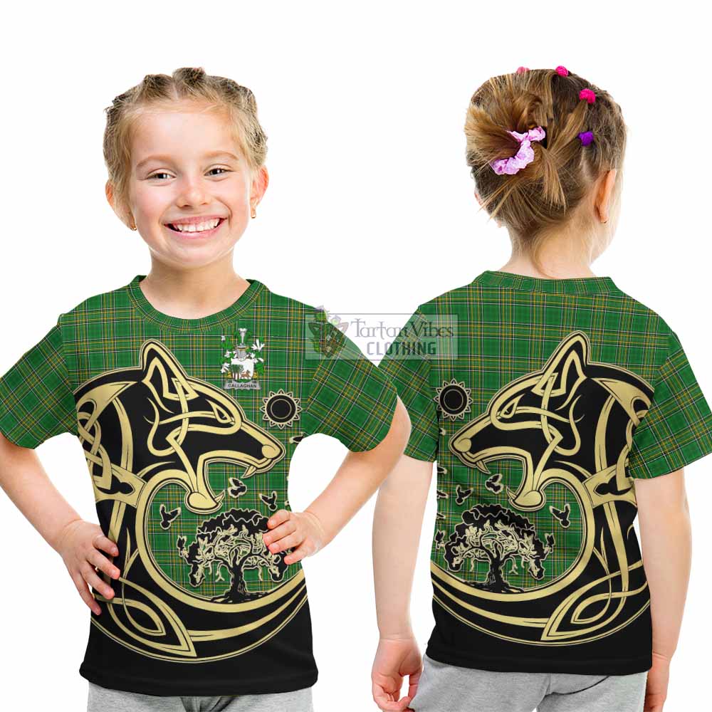 Tartan Vibes Clothing Callaghan Irish Tartan Kid T-Shirt with Coat of Arms Celtic Wolf Style