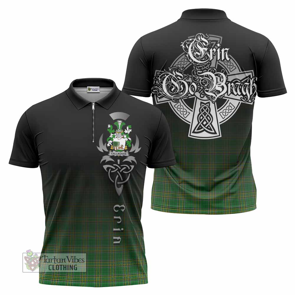 Tartan Vibes Clothing Callaghan Irish Clan Zipper Polo Shirt with Coat of Arms Erin Go Bragh Celtic Inspired