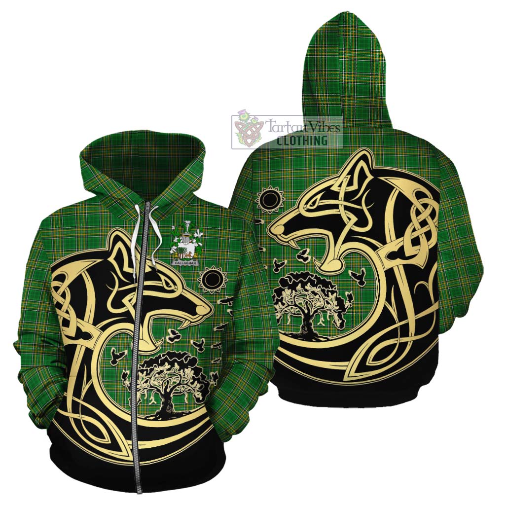 Tartan Vibes Clothing Callaghan Irish Tartan Cotton Hoodie with Coat of Arms Celtic Wolf Style