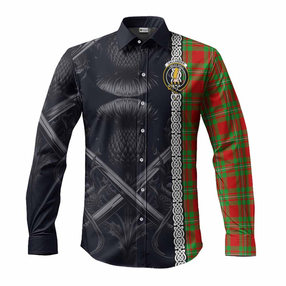 Tartan Vibes Clothing Callander Tartan Long Sleeve Button Shirt with Family Crest Cross Sword Thistle Celtic Vibes