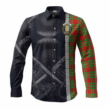 Tartan Vibes Clothing Callander Tartan Long Sleeve Button Shirt with Family Crest Cross Sword Thistle Celtic Vibes