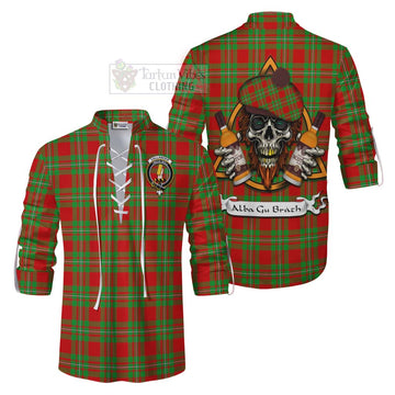 Callander Tartan Ghillie Kilt Shirt with Family Crest and Bearded Skull Holding Bottles of Whiskey Men - Tartan Vibes Clothing