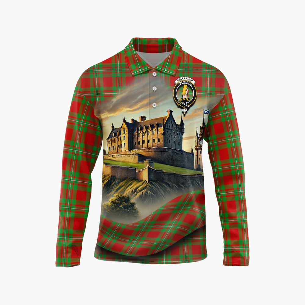 Tartan Vibes Clothing Callander Tartan Family Crest Long Sleeve Polo Shirt with Scottish Ancient Castle Style