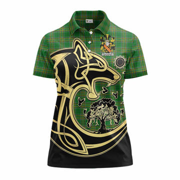 Callander Irish Tartan Women's Polo Shirt with Coat of Arms Celtic Wolf Style Women - Tartan Vibes Clothing