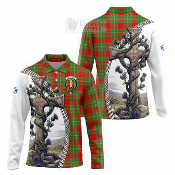 Callander Tartan Long Sleeve Polo Shirt with Family Crest and St. Andrew's Cross Accented by Thistle Vines Unisex - Tartan Vibes Clothing