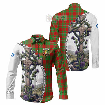 Callander Tartan Long Sleeve Button Shirt with Family Crest and St. Andrew's Cross Accented by Thistle Vines Men's Shirt S - Tartan Vibes Clothing