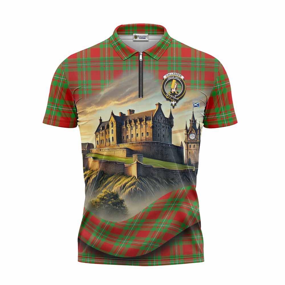 Tartan Vibes Clothing Callander Tartan Family Crest Zipper Polo Shirt with Scottish Ancient Castle Stype