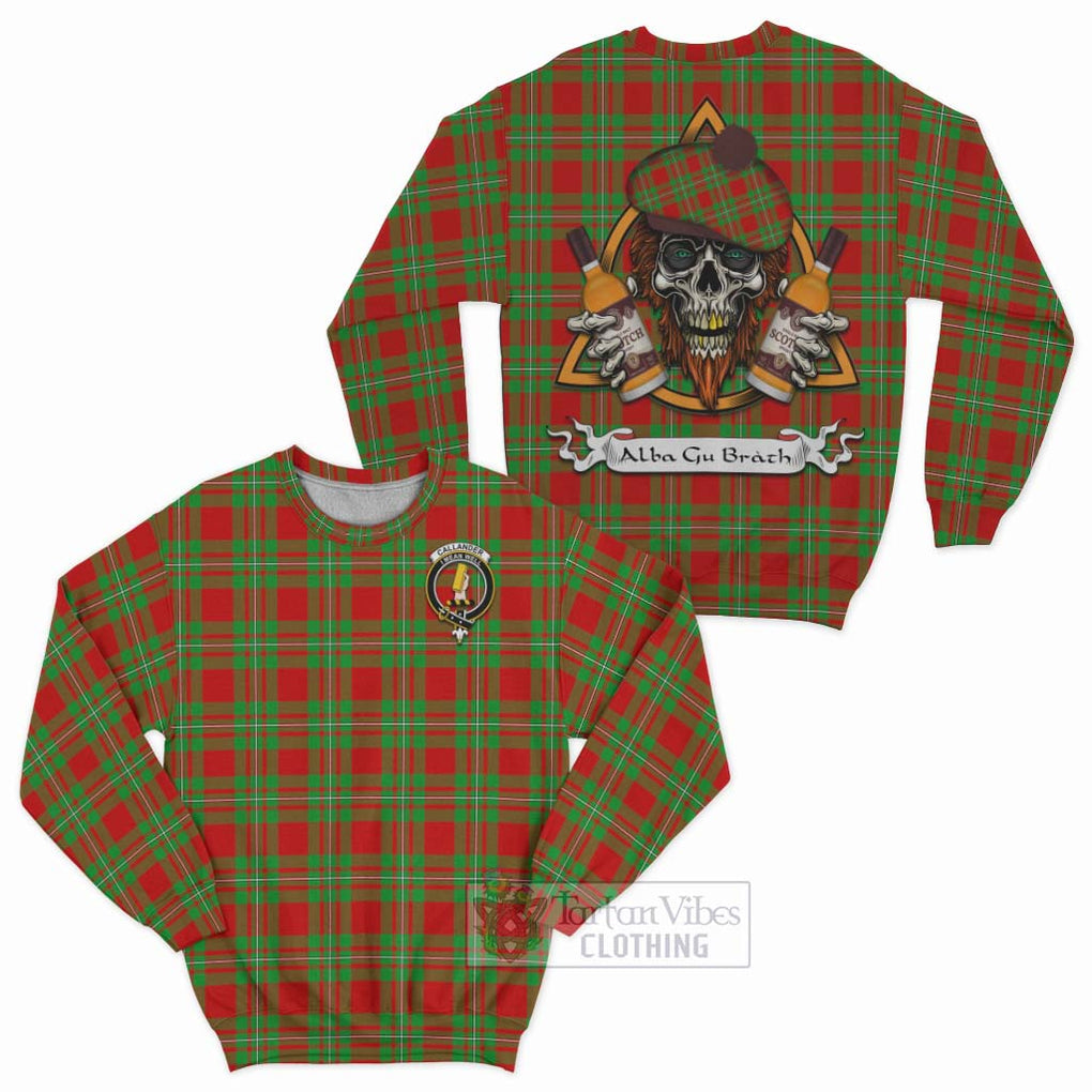 Callander Tartan Sweatshirt with Family Crest and Bearded Skull Holding Bottles of Whiskey Unisex - Tartan Vibes Clothing