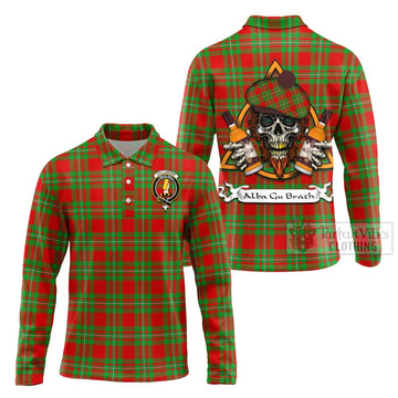 Callander Tartan Long Sleeve Polo Shirt with Family Crest and Bearded Skull Holding Bottles of Whiskey Unisex - Tartan Vibes Clothing