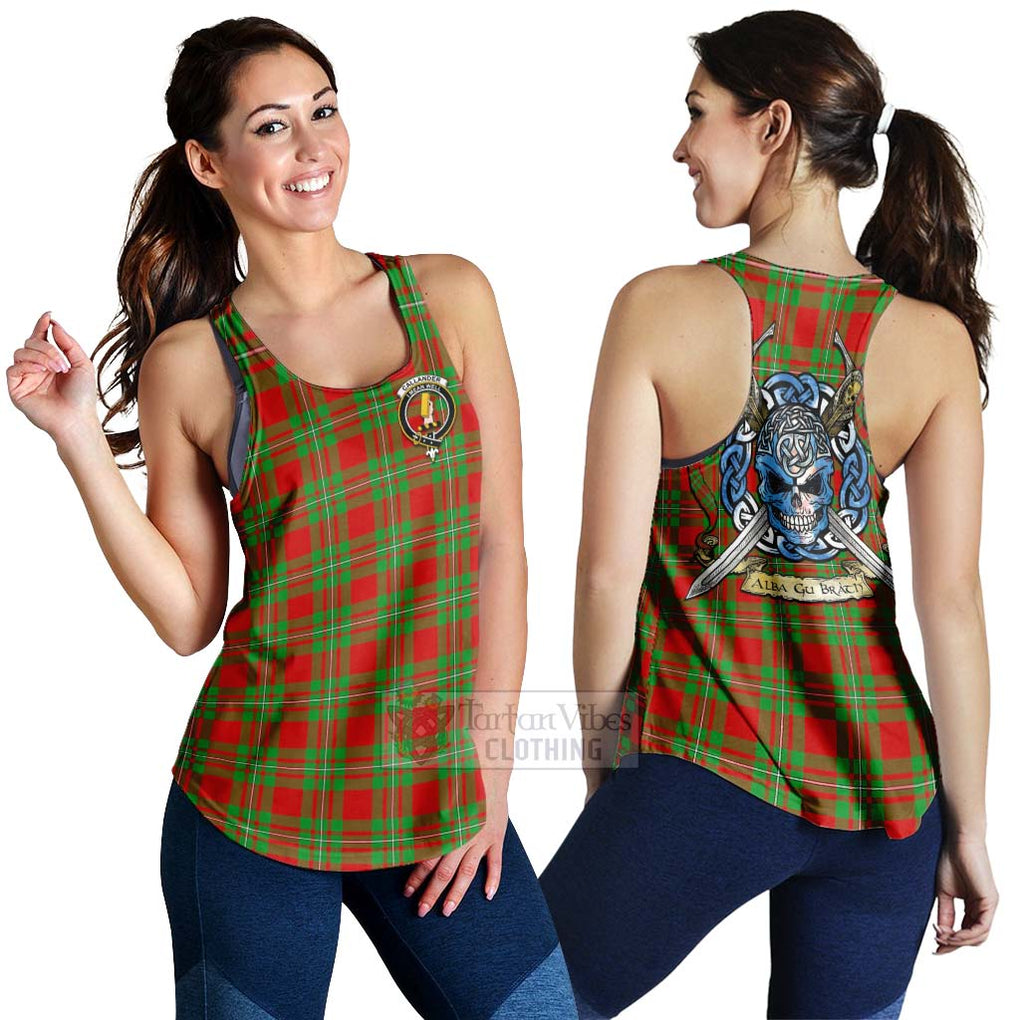Callander Tartan Women's Racerback Tanks with Family Crest Celtic Skull Style 4XL - Tartan Vibes Clothing