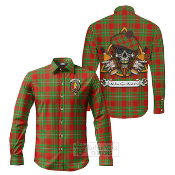 Callander Tartan Long Sleeve Button Shirt with Family Crest and Bearded Skull Holding Bottles of Whiskey Men's Shirt S - Tartan Vibes Clothing