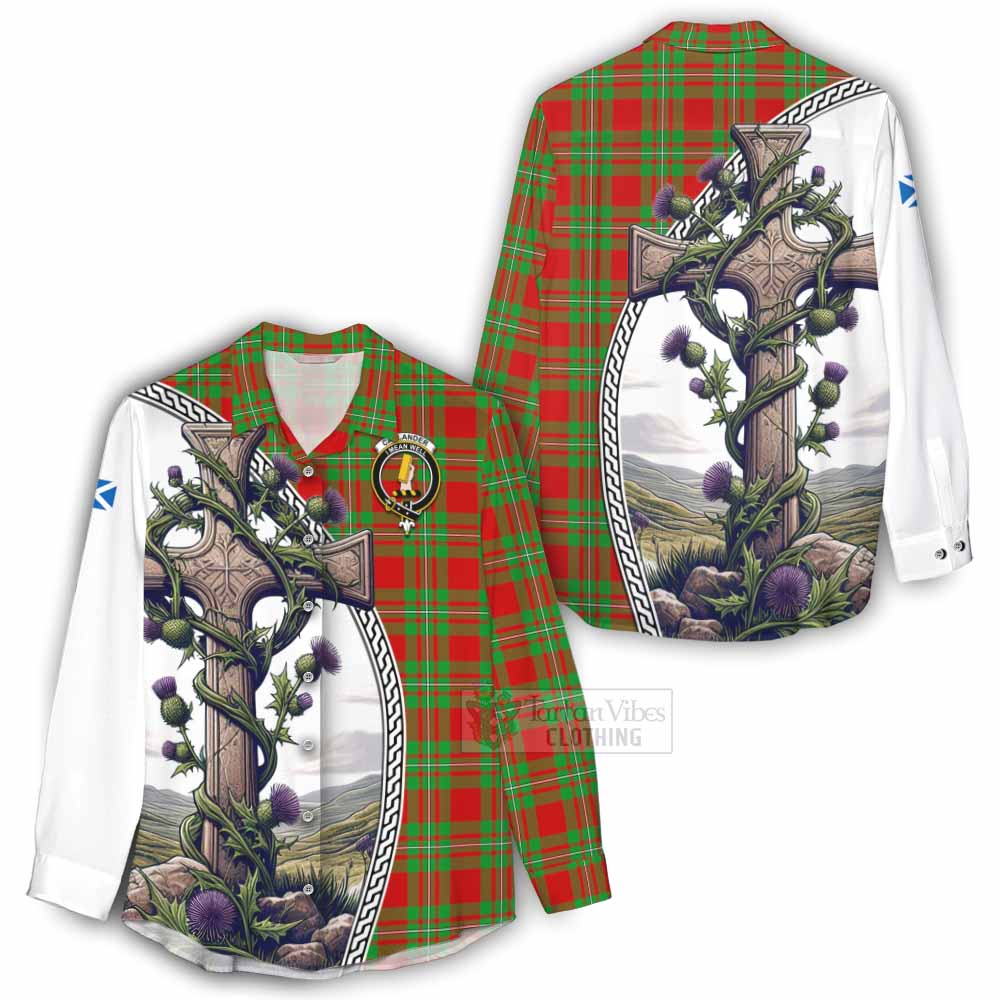 Tartan Vibes Clothing Callander Tartan Women's Casual Shirt with Family Crest and St. Andrew's Cross Accented by Thistle Vines