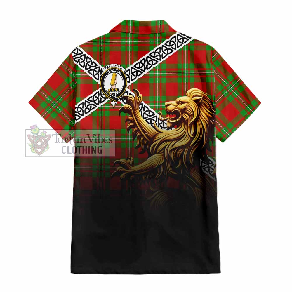 Tartan Vibes Clothing Callander Crest Tartan Short Sleeve Button Shirt with Golden Lion Emblem Celtic Style