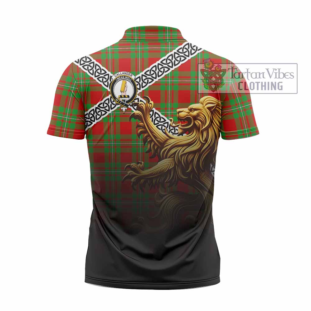 Callander Crest Tartan Zipper Polo Shirt with Golden Lion Emblem Celtic Style - Tartan Vibes Clothing