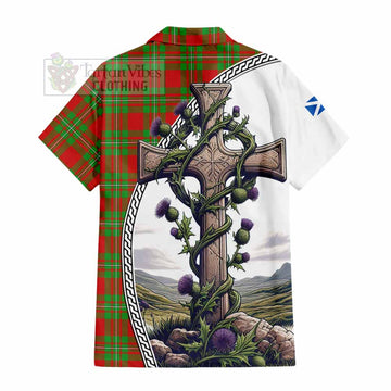 Callander Tartan Hawaiian Shirt with Family Crest and St. Andrew's Cross Accented by Thistle Vines - Tartan Vibes Clothing