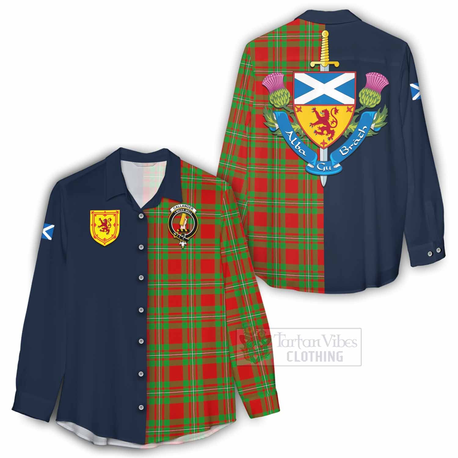 Callander Tartan Women's Casual Shirt Alba with Scottish Lion Royal Arm Half Style - Tartan Vibes Clothing