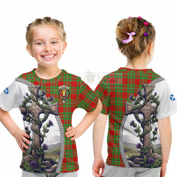 Callander Tartan Kid T-Shirt with Family Crest and St. Andrew's Cross Accented by Thistle Vines - Tartan Vibes Clothing