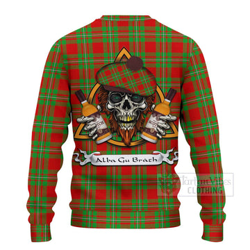 Callander Tartan Ugly Sweater with Family Crest and Bearded Skull Holding Bottles of Whiskey