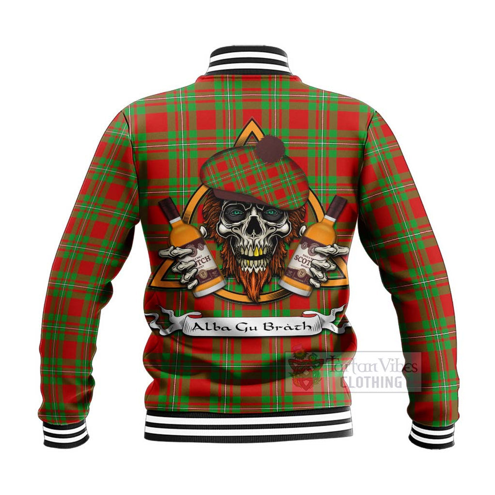 Callander Tartan Baseball Jacket with Family Crest and Bearded Skull Holding Bottles of Whiskey - Tartan Vibes Clothing