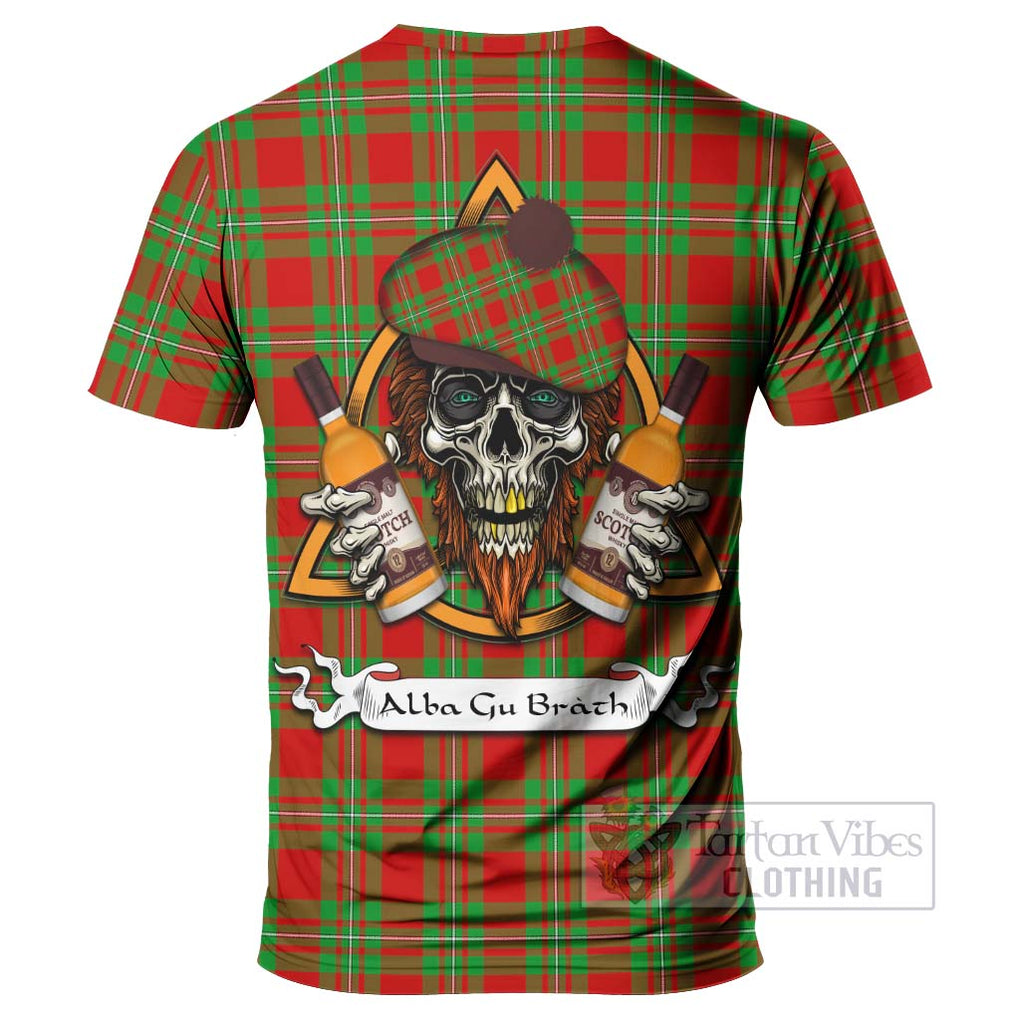 Tartan Vibes Clothing Callander Tartan T-Shirt with Family Crest and Bearded Skull Holding Bottles of Whiskey
