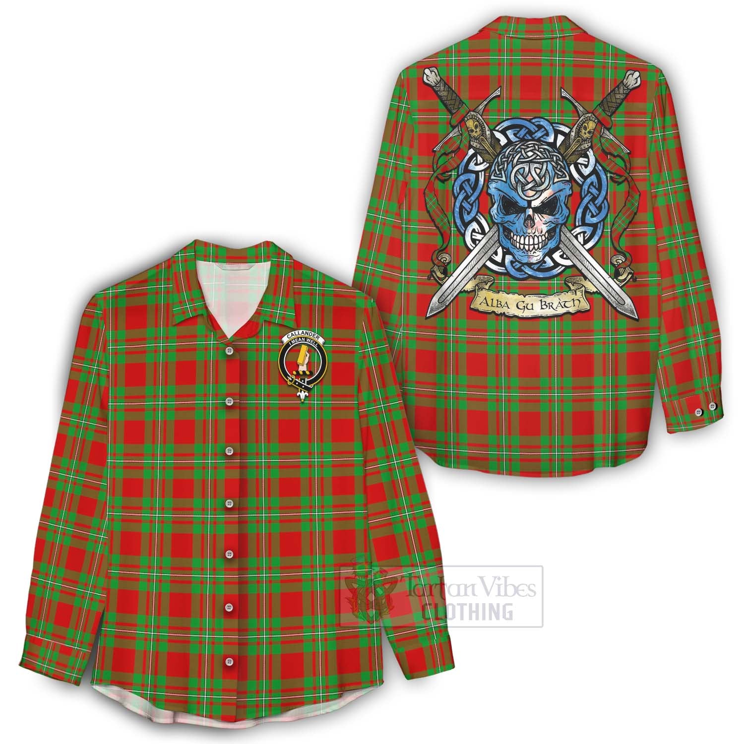 Callander Tartan Women's Casual Shirt with Family Crest Celtic Skull Style - Tartan Vibes Clothing