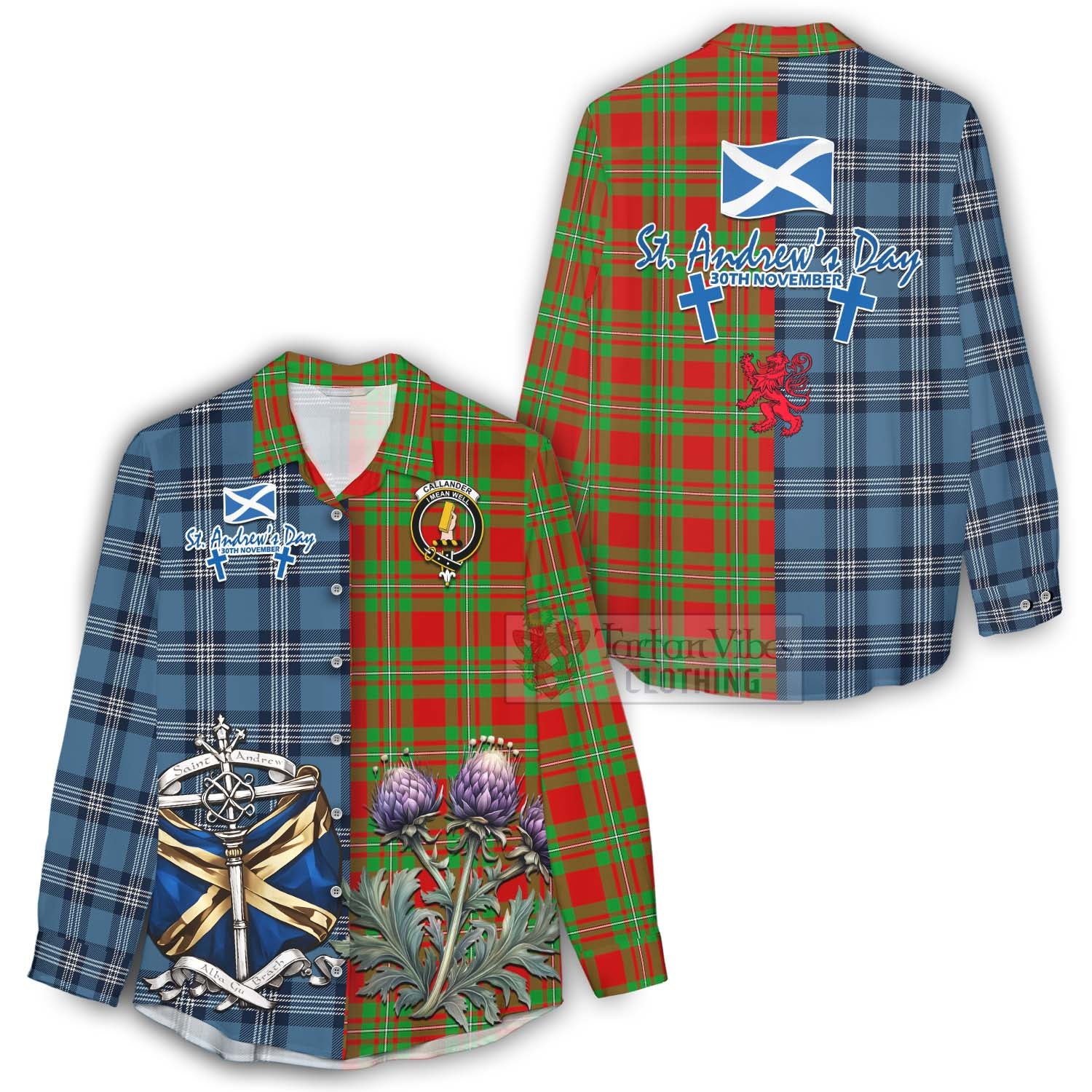 Callander Tartan Women's Casual Shirt Happy St. Andrew's Day Half Tartan Style - Tartan Vibes Clothing