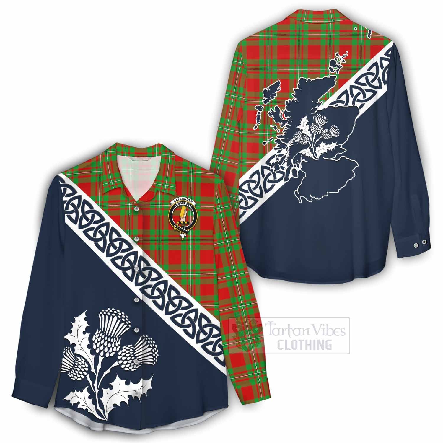 Tartan Vibes Clothing Callander Tartan Women's Casual Shirt Featuring Thistle and Scotland Map