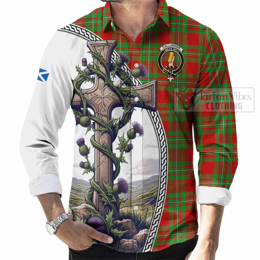 Callander Tartan Long Sleeve Button Shirt with Family Crest and St. Andrew's Cross Accented by Thistle Vines - Tartan Vibes Clothing