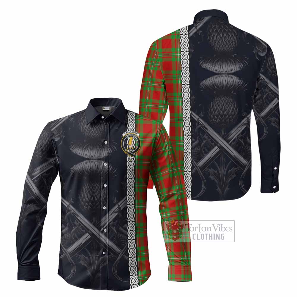 Tartan Vibes Clothing Callander Tartan Long Sleeve Button Shirt with Family Crest Cross Sword Thistle Celtic Vibes