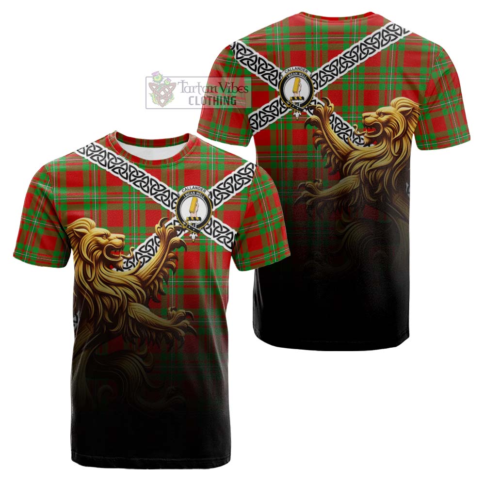 Tartan Vibes Clothing Callander Crest Tartan Cotton T-shirt with Golden Lion Emblem Celtic Style