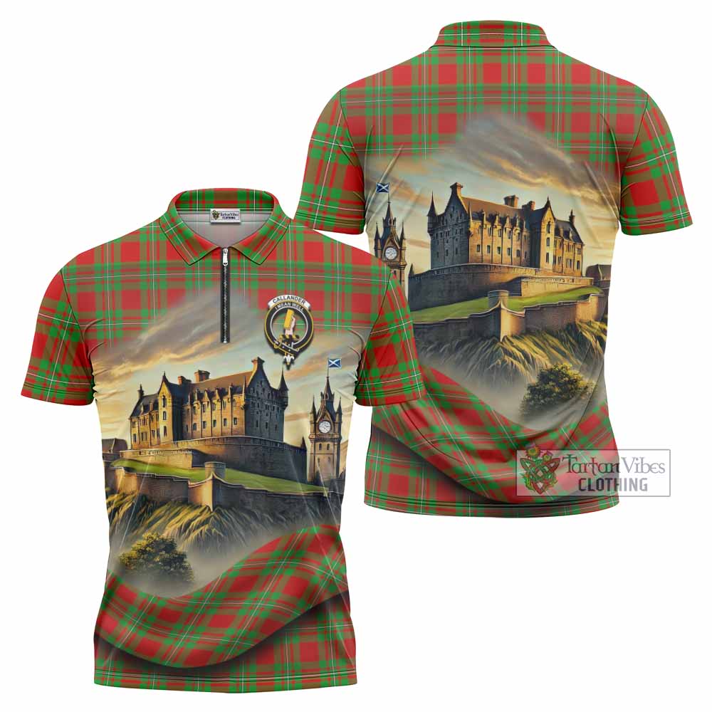 Tartan Vibes Clothing Callander Tartan Family Crest Zipper Polo Shirt with Scottish Ancient Castle Stype