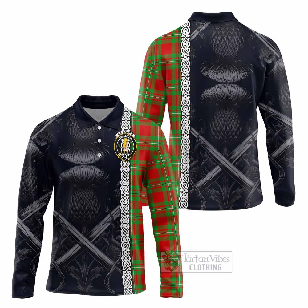 Callander Tartan Long Sleeve Polo Shirt with Family Crest Cross Sword Thistle Celtic Vibes - Tartan Vibes Clothing