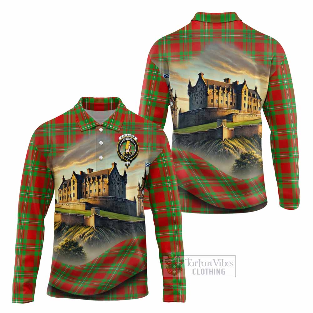 Tartan Vibes Clothing Callander Tartan Family Crest Long Sleeve Polo Shirt with Scottish Ancient Castle Style