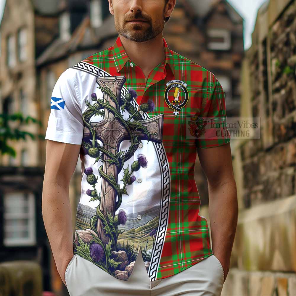 Callander Tartan Hawaiian Shirt with Family Crest and St. Andrew's Cross Accented by Thistle Vines - Tartan Vibes Clothing