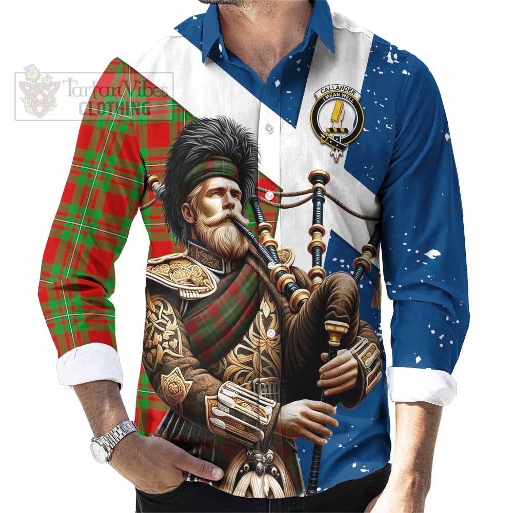 Callander Tartan Long Sleeve Button Shirt with Family Crest Scottish Bagpiper Vibes - Tartan Vibes Clothing
