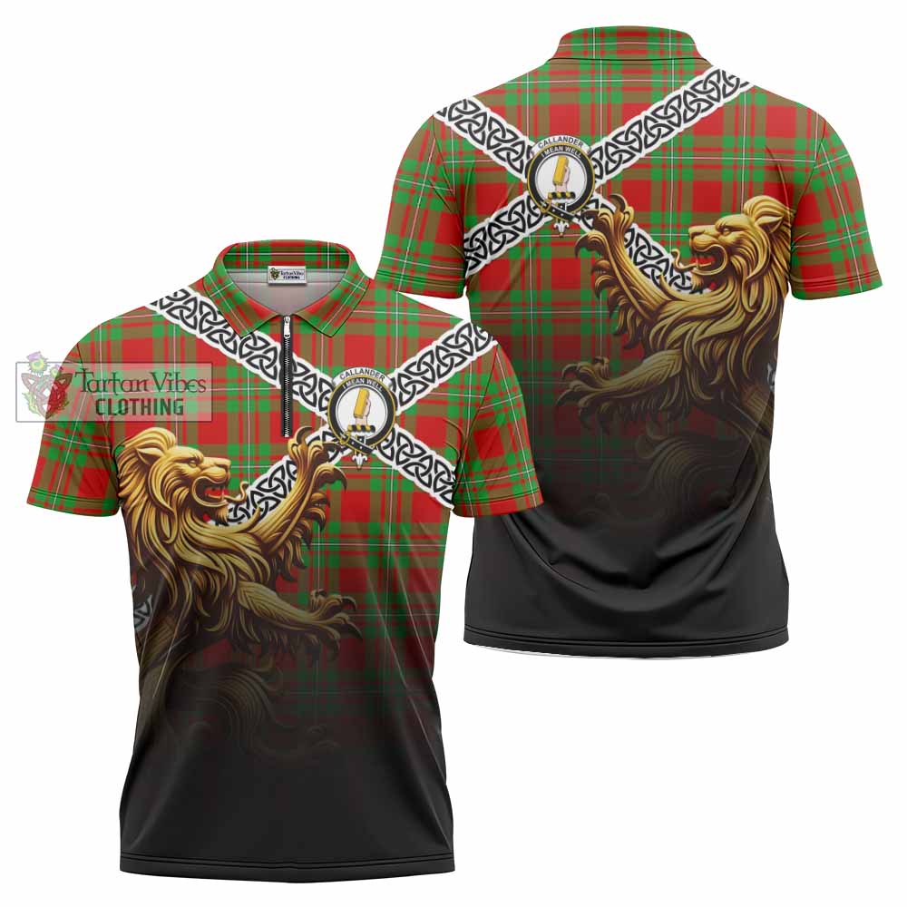Callander Crest Tartan Zipper Polo Shirt with Golden Lion Emblem Celtic Style - Tartan Vibes Clothing