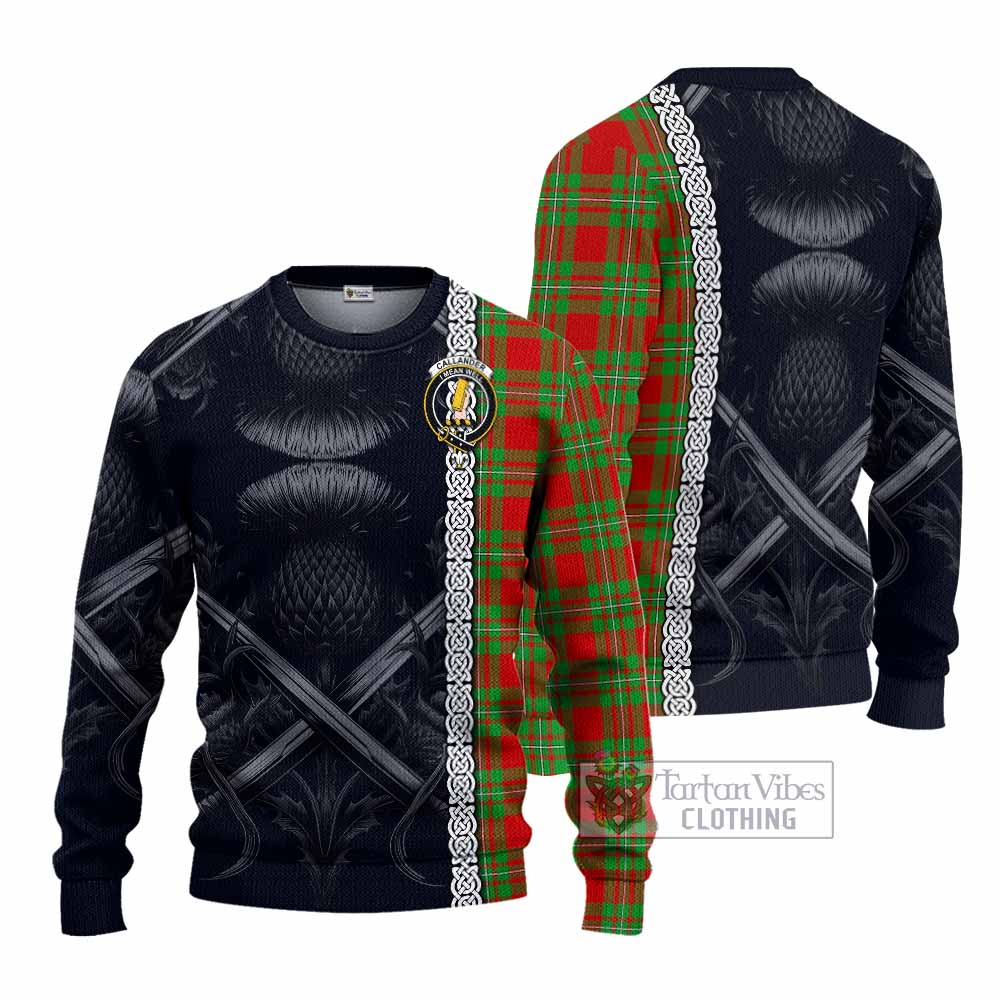 Tartan Vibes Clothing Callander Tartan Knitted Sweater with Family Crest Cross Sword Thistle Celtic Vibes